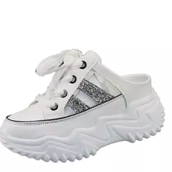 Модные полые полутапочки, женская летняя верхняя одежда, толстая подошва, внутренняя высота 8 см, без каблука, без шнуровки, ленивые белые кроссовки, обувь 34