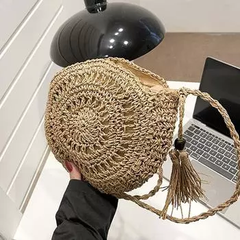 Модные полые сумки на плечо для женщин, повседневные соломенные сумки через плечо, маленькая круглая сумка-кошелек с кисточками, сумки-мессенджеры 28*7*25cm бежевый