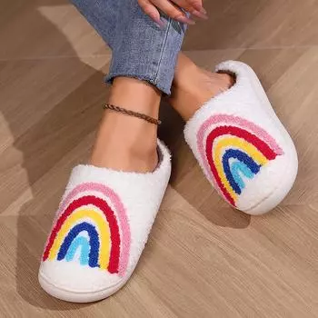 Модные популярные красочные радужные женские плюшевые тапочки зимние теплые мягкие утолщенные подошвы домашняя обувь мультфильм милый дизайн сердца теплые шлепанцы 36-37