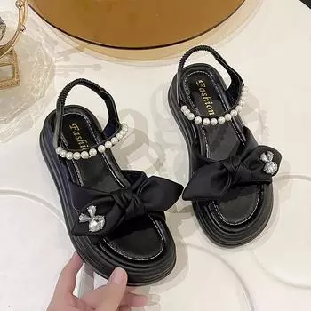 Модные популярные сандалии для женщин на лето, толстая подошва, жемчужные пляжные туфли в стиле феи, мягкая подошва, модные римские туфли, сандалии на платформе 35 чёрный
