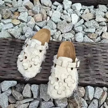 Модные популярные женские туфли 2024 года, летние, высокого качества, однотонные, на низком каблуке, домашние женские тапочки, замшевые женские тапочки с пряжкой на носке 35 абрикосовый