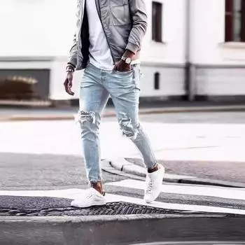 Модные потертые джинсы для мужчин с намеренными дырками. Трансграничная торговля. Прямой поставщик. Цельная доставка через агентство. M синий