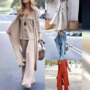 Модные повседневные элегантные комплекты из трех предметов для женщин, удобные однотонные топы с V-образным вырезом, широкие брюки и длинный кардиган, костюмы для поездок на работу XXXXL белый