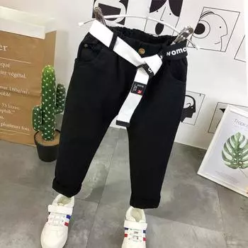 Модные повседневные брюки с поясом для мальчиков, классные повседневные длинные брюки чистого цвета для мальчиков, спортивные брюки из джинсовой ткани Haren 140 чёрный