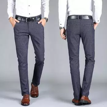 Модные повседневные брюки-стрейч, мужские весенне-осенние брюки из хлопка и льна, узкие модели, прямые брюки среднего возраста 28 чёрный