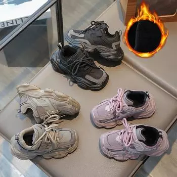 Модные повседневные детские флисовые кроссовки для девочек, теплые хлопковые туфли, кроссовки на липучках для мальчиков 26 yards inner length 16.3cm