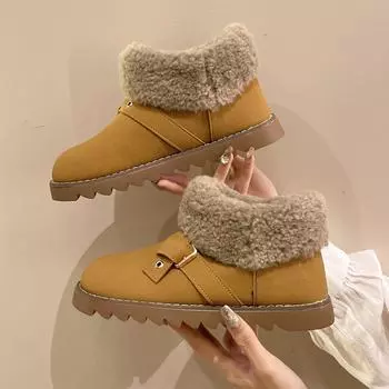Модные повседневные дизайнерские зимние ботинки с поясом для женщин, зимние однотонные теплые хлопковые ботинки из флока, женские низкие ботильоны для женщин 35