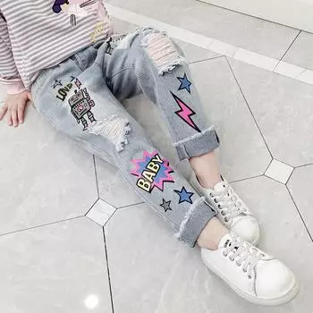 Модные повседневные джинсы для девочек, детские брюки-роботы с принтом граффити, джинсы для девочек, детские джинсовые джинсы, джинсы Macacao Infantil 160