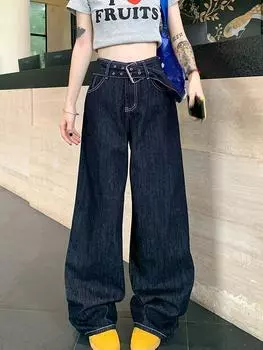 Модные повседневные джинсы с широкими штанинами и большим поясом, лето 2024, новые свободные брюки чистого цвета с высокой талией XL синий