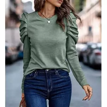 Модные повседневные футболки с длинным рукавом и пуховиком, женские осенние новые винтажные футболки с круглым вырезом, женские элегантные облегающие футболки больших размеров для офиса, женские футболки 2475 S чёрный