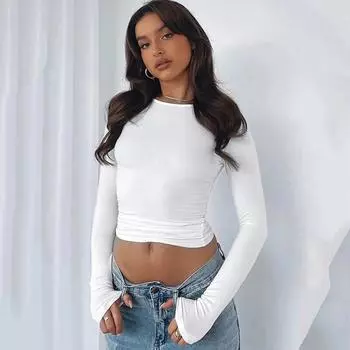 Модные повседневные футболки с длинными рукавами Y2K, женские элегантные облегающие футболки с круглым вырезом, женские топы, однотонные узкие офисные женские футболки 30634 S чёрный
