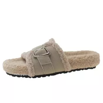 Модные повседневные хлопковые тапочки большого размера для женщин, модные повседневные корейские однотонные пушистые тапочки с пряжкой для женщин 35