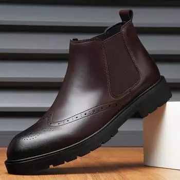 Модные повседневные кожаные мужские ботинки челси в британском стиле, новое поступление, удобные мужские ботинки-броги с эластичным ремешком, деловая обувь 38 коричневый