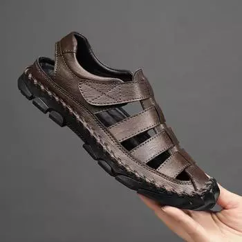 Модные повседневные кожаные мужские сандалии, дышащие мужские летние туфли на плоской подошве, модная пляжная обувь, удобные открытые мокасины, мужские сандалии Magic Glue 38 чёрный