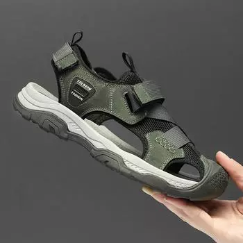 Модные повседневные кожаные туфли с защитой от столкновений, летняя обувь, мужские сандалии с открытым носком, новые модные пляжные туфли на плоской подошве для активного отдыха на воде 38 чёрный