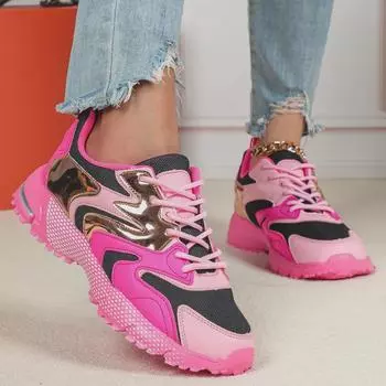 Модные повседневные кроссовки с цветными блоками и толстой подошвой для увеличения роста — унисекс-обувь для пап в европейском и американском стиле 36 чёрный/ярко-розовый
