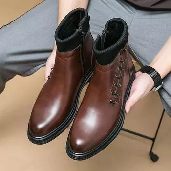 Модные повседневные мужские ботинки из искусственной кожи с высоким каблуком и молнией сбоку, однотонные деловые туфли 38 коричневый