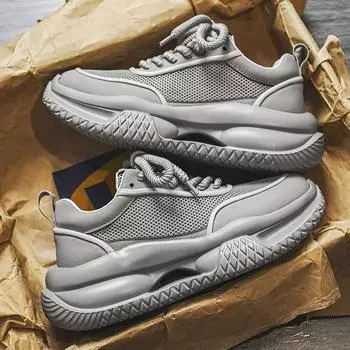 Модные повседневные мужские кроссовки с полой подошвой из кожи и сетки, дышащие, с увеличенной высотой, на плоской платформе 39