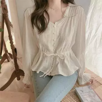 Модные повседневные однотонные женские топы на пуговицах с длинными рукавами-колокольчиками, новинка 2022 года, весенняя женская простая шифоновая рубашка с талией S бежевый