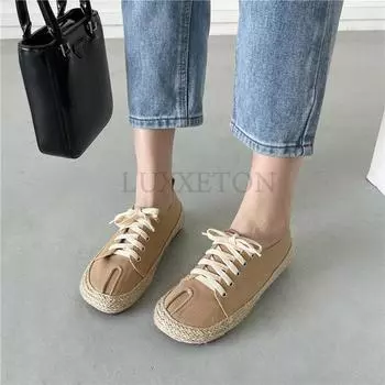 Модные повседневные парусиновые туфли унисекс на шнуровке, женские однотонные плоские кроссовки, модные удобные белые туфли с разделенным носком 35 абрикосовый