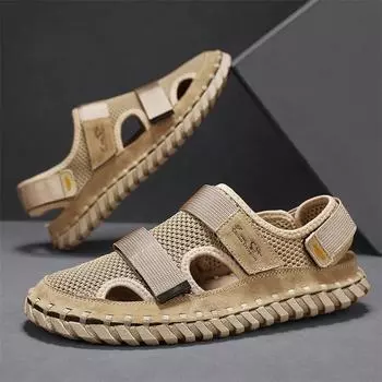 Модные повседневные походные туфли с мягкой износостойкой подошвой, мужские сандалии из коровьей кожи, ажурные, мужские сетчатые туфли, дышащие, универсальные, красно-коричневые 39 чёрный