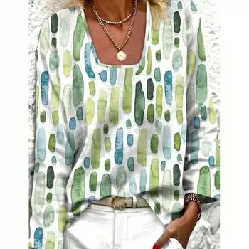 Модные повседневные пуловеры с длинным рукавом и квадратным воротником, принтованные футболки, блузки, топы для женщин S