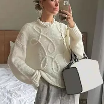 Модные повседневные пуловеры женские однотонные с круглым вырезом и длинным рукавом вязаный свитер свободный женский осень зима M белый