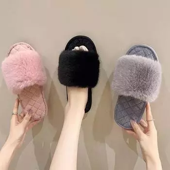 Модные повседневные пушистые тапочки для женщин, модные популярные плюшевые зимние дизайнерские туфли для девочек на плоской подошве, шикарные элегантные тапочки на платформе с открытым носком 36-37 хаки