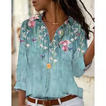 Модные повседневные рубашки больших размеров с длинным рукавом с принтом для женщин, весна и лето, новые винтажные свободные женские блузки, топы, цветочные узкие рубашки на пуговицах 26593 S