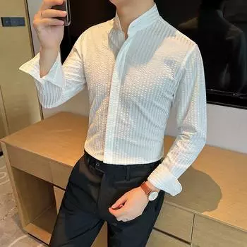 Модные повседневные рубашки Slim Fit для мужчин с воротником-стойкой и длинным рукавом в деловую полоску L белый
