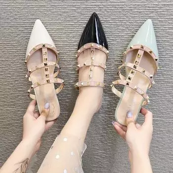 Модные повседневные сандалии женские плоские заостренные модные летние новые заклепочные полутапочки Muller Shoes для женщин 35 чёрный