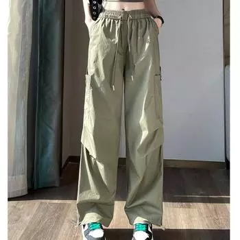 Модные повседневные широкие брюки с высокой талией для женщин, весна-лето, тонкие спортивные брюки Harlan, офисные женские однотонные прямые брюки на шнурке 24266 S чёрный