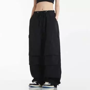 Модные повседневные спортивные брюки с широкими штанинами и эластичным поясом, свободные брюки, штаны-парашюты, брюки-карго десантника L чёрный