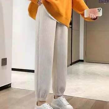 Модные повседневные свободные брюки с высокой талией, осенние морозостойкие толстые бархатные брюки, зимние теплые женские брюки до щиколотки 29268 S чёрный