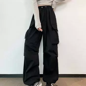 Модные повседневные свободные широкие брюки женские уличные брюки с высокой талией свободные длинные брюки-карго женские винтажные карманы однотонные женские брюки для бега новые 27493 S чёрный