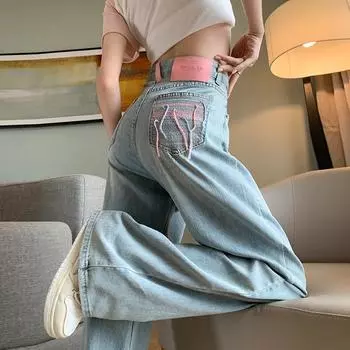 Модные повседневные свободные широкие джинсы женские элегантные винтажные офисные женские прямые джинсовые брюки синие простые карманы с кисточками джинсовые брюки 24249 S синий