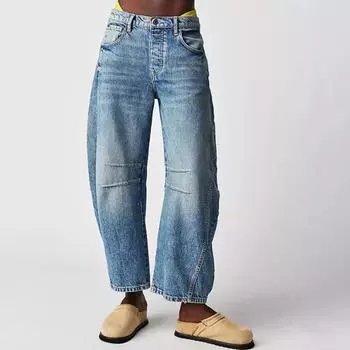 Модные повседневные свободные широкие джинсы женские со средней талией, потертые джинсовые брюки женские элегантные синие винтажные простые прямые женские джинсы 24584 S белый