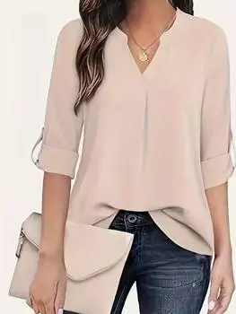 Модные повседневные свободные топы с V-образным вырезом и длинными рукавами, женские французские дизайнерские натуральная тонкая цельная футболка, женская винтажная шикарная однотонная блузка большого размера L бежевый
