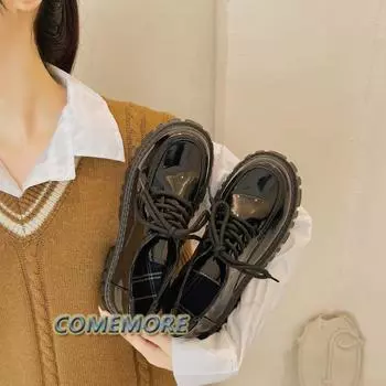 Модные повседневные туфли из искусственной кожи на платформе для женщин 2024 года, весенние туфли на плоской подошве со шнуровкой, женские черные туфли на толстой подошве Mary Jane Zapatillas Mujer 35