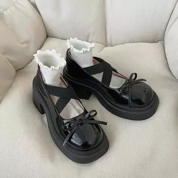Модные повседневные туфли Мэри Джейн из искусственной кожи для женщин, лето-осень, с бантом на платформе, дизайнерские туфли на толстом каблуке для женщин 35