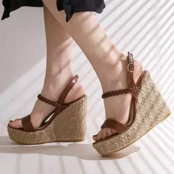 Модные повседневные туфли на танкетке для женщин, летние сандалии на платформе, вязаные шлепанцы на высоком каблуке, пляжная обувь, женские тапочки, большой размер 45 48 34 чёрный