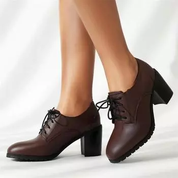 Модные повседневные туфли на высоком каблуке, туфли-лоферы, коричневые, черные, женские, на каблуке, со шнуровкой, для офиса, на каждый день, большой размер 45 34 чёрный