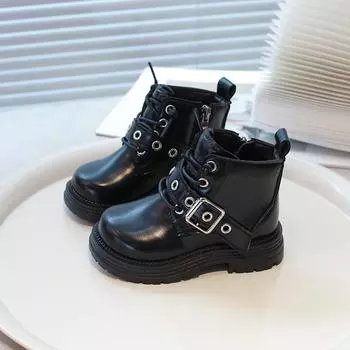 Модные Повседневные Универсальные Детские Туфли Трендовые Ретро Новые Ботинки для Девочек Простые на Толстой Подошве Удобные Туфли для Девочек Теплые Нескользящие Зимние Ботинки 21insole13.5cm чёрный