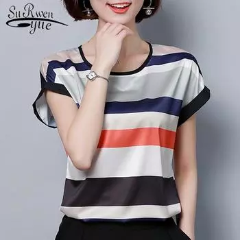 Модные повседневные женские блузки, летние короткие женские топы размера плюс 4XL, свободные полосатые шифоновые рубашки, женская одежда XXL
