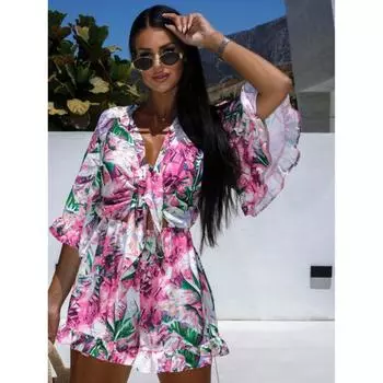 Модные повседневные женские комбинезоны с коротким рукавом и V-образным вырезом, летние свободные напечатанные праздничные наряды больших размеров, элегантная ажурная бандажная одежда на шнуровке 2922 S красный