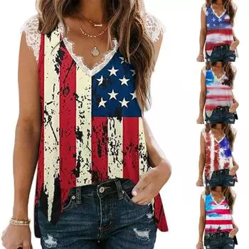 Модные повседневные женские топы без рукавов с v-образным вырезом на День независимости, женская блузка, кружевной жилет L синий