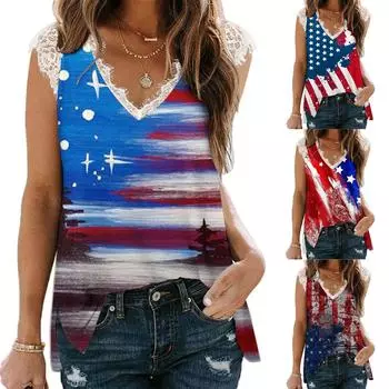 Модные повседневные женские топы без рукавов с v-образным вырезом на День независимости, женская блузка, кружевной жилет XXL темно-синий