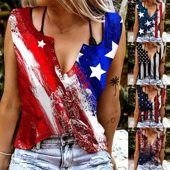 Модные повседневные женские топы без рукавов с v-образным вырезом и принтом на День независимости, женская блузка, жилет на пуговицах XXL чёрный