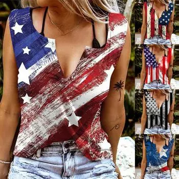 Модные повседневные женские топы без рукавов с v-образным вырезом и принтом на День независимости, женская блузка, жилет на пуговицах XXL чёрный