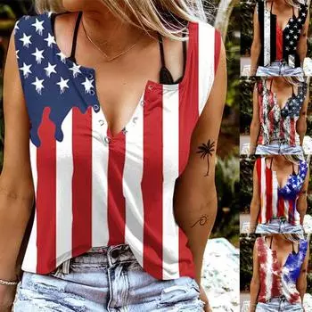 Модные повседневные женские топы без рукавов с v-образным вырезом и принтом на День независимости, женская блузка, жилет на пуговицах XXL чёрный
